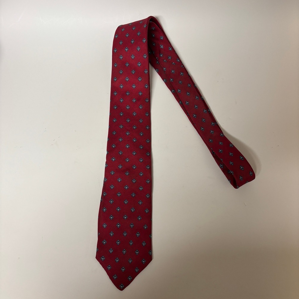 Christian Dior Cravates Mens Silk Tie Red Geometric Diamond Pattern Vintage